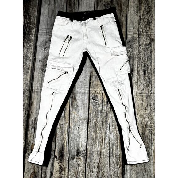 WAIMEA Other - Waimea Skinny Fit Cargo Zip 2 Tone Moto Jeans Mens Size 34x32 Black Cream